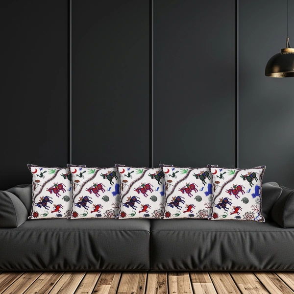 PALAK SAXENA Set of 5 Decorative Cushion Covers, 40 x 40 cm, Square Cotton Linen Beautiful Decorative Cushion Covers with Hidden Zip, Single-Sided Print, Decorative Cushion Covers for Sofa, Car, Outdoor, Bedroom - 40 x 40 CM