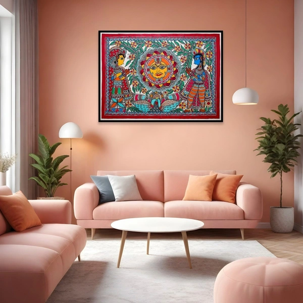 Fairo.Store Handmade Madhubani Painting: Sun and Tree - Vibrant Mithila Art for Living Room/Bedroom/Home Decor - Unframed, 32.2 x 24.2 inches - 32.2 x 24.2 inches