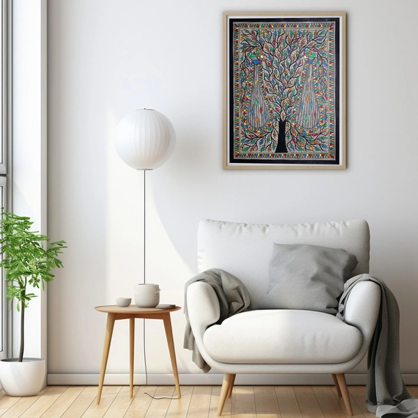  Madhubani Handmade Wall Hanging Painting Of Auspicious Peacock on Tree for Home Decor (32.2 x 24.2 inches) Traditional Art for Bedroom Wall & Living Room - 32.2 x 24.2 inches