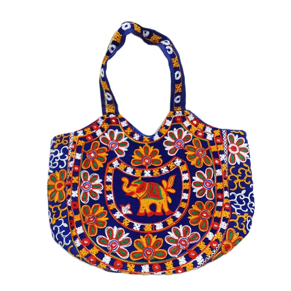 Royal Looking Cotton Traditional Ethnic Rajasthani Jaipuri Embroidered Hand bag/Purse for Girls Women (Blue Elephant) - 18x10x5 inch