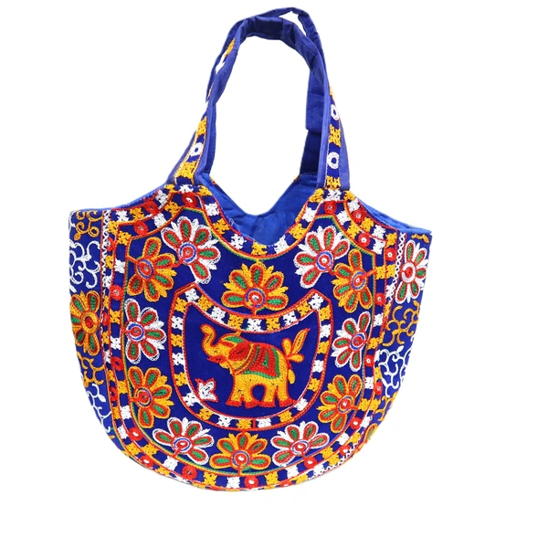 Royal Looking Cotton Traditional Ethnic Rajasthani Jaipuri Embroidered Hand bag/Purse for Girls Women (Blue Elephant) - 18x10x5 inch