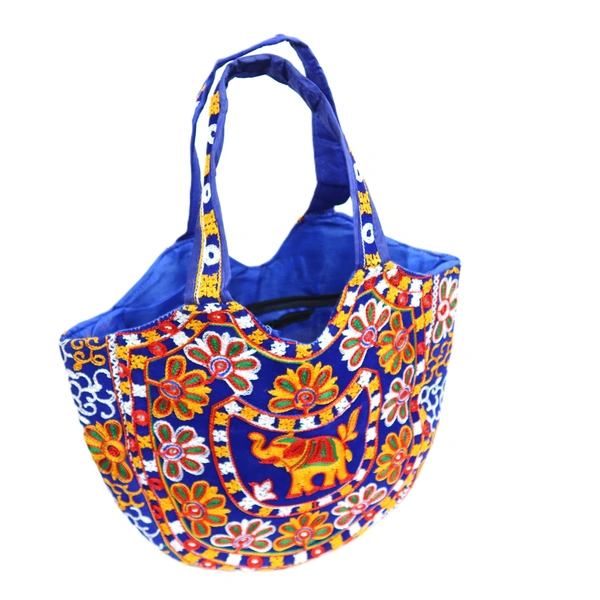 Royal Looking Cotton Traditional Ethnic Rajasthani Jaipuri Embroidered Hand bag/Purse for Girls Women (Blue Elephant) - 18x10x5 inch