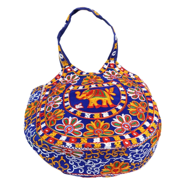 Royal Looking Cotton Traditional Ethnic Rajasthani Jaipuri Embroidered Hand bag/Purse for Girls Women (Blue Elephant) - 18x10x5 inch