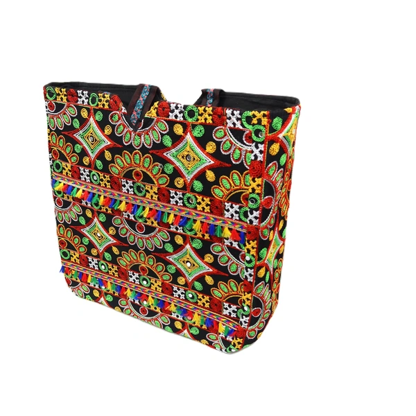 Palak Saxena Handmade Rajasthani Double-Sided Embroidery Multicolor Regular Tote Bag for Women - 18x10x5 inch