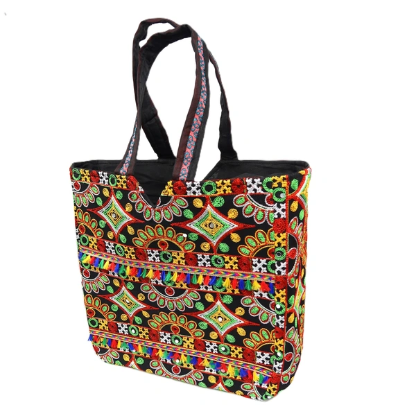 Palak Saxena Handmade Rajasthani Double-Sided Embroidery Multicolor Regular Tote Bag for Women - 18x10x5 inch