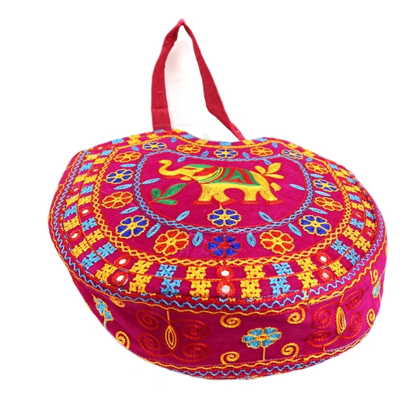 Royal Looking Cotton Traditional Ethnic Rajasthani Jaipuri Embroidered Hand bag/Purse for Girls Women (MagentaElephant) - 18x10x5 inch