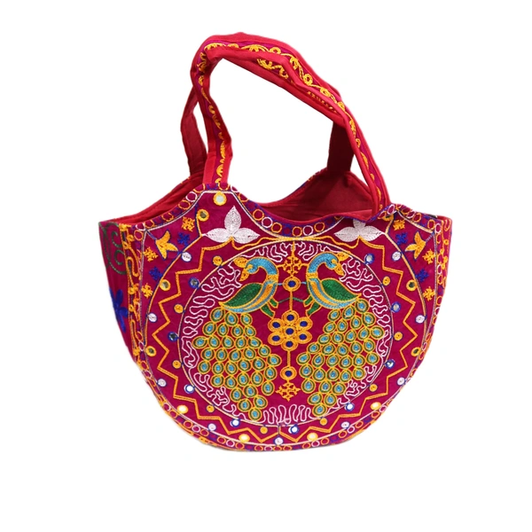 Palak Saxena Beautiful Rajasthani Ethnic Peacock Design Jhola Bag/Shoulder Handbags For ladies, Girls (magenta)) - 18x10x5 inch