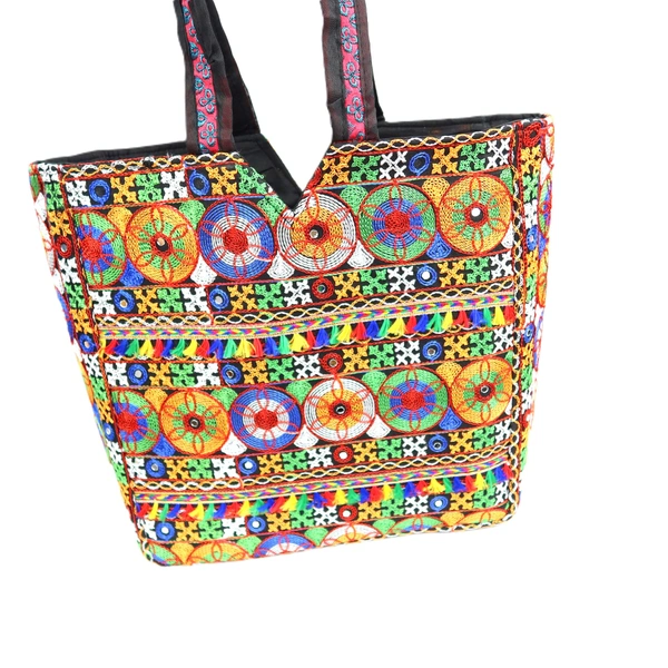 Palak Saxena Handmade Rajasthani Double-Sided Embroidery Multicolor Regular Tote Bag for Women - 18x10x5 inch
