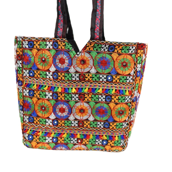 Palak Saxena Handmade Rajasthani Double-Sided Embroidery Multicolor Regular Tote Bag for Women - 18x10x5 inch