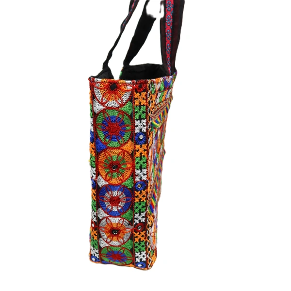 Palak Saxena Handmade Rajasthani Double-Sided Embroidery Multicolor Regular Tote Bag for Women - 18x10x5 inch