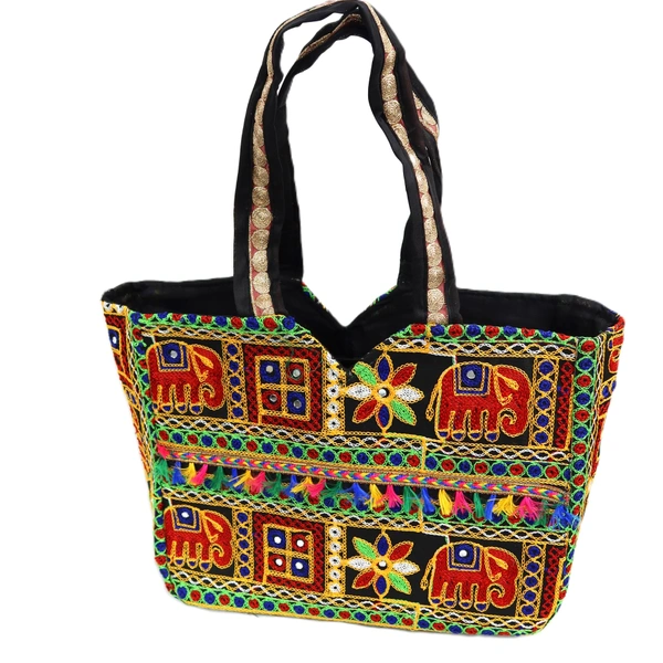 Palak Saxena Handmade Rajasthani Double-Sided Embroidery Multicolor Regular Tote Bag for Women - 18x10x5 inch