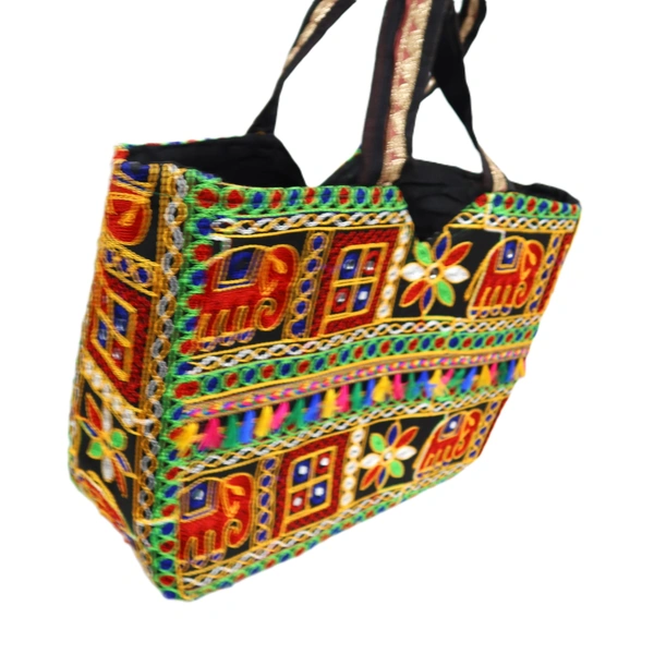 Palak Saxena Handmade Rajasthani Double-Sided Embroidery Multicolor Regular Tote Bag for Women - 18x10x5 inch