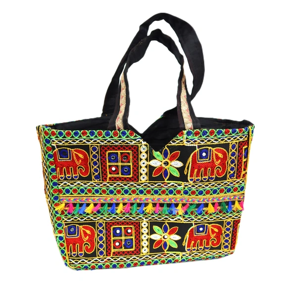 Palak Saxena Handmade Rajasthani Double-Sided Embroidery Multicolor Regular Tote Bag for Women - 18x10x5 inch