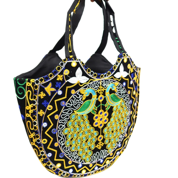 Palak Saxena Beautiful Rajasthani Ethnic Peacock Design Jhola Bag/Shoulder Handbags For ladies, Girls (Blue) - 18x10x5 inch
