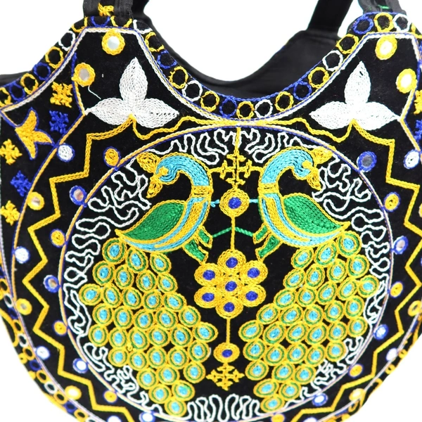 Palak Saxena Beautiful Rajasthani Ethnic Peacock Design Jhola Bag/Shoulder Handbags For ladies, Girls (Blue) - 18x10x5 inch