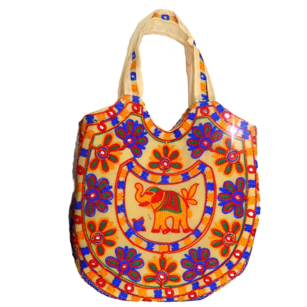 Royal Looking Cotton Traditional Ethnic Rajasthani Jaipuri Embroidered Hand bag/Purse for Girls Women (Cream Elephant) - 18x10x5 inch