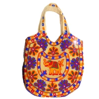 Royal Looking Cotton Traditional Ethnic Rajasthani Jaipuri Embroidered Hand bag/Purse for Girls Women (Cream Elephant) - 18x10x5 inch