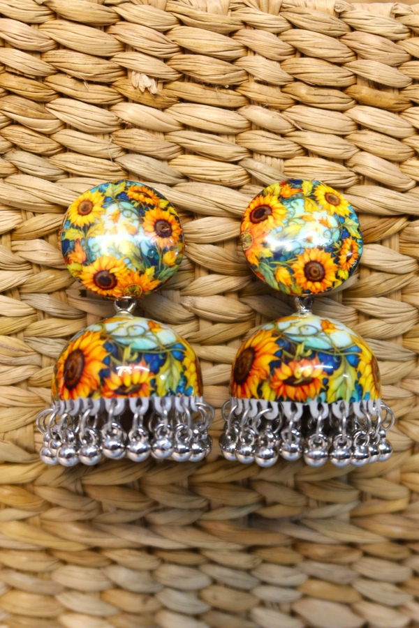 Sunflower Design Meenakari Jhumki Earrings with Pearl Beads, Traditional Ethnic Indian Jewellery - Sun flower, Multi