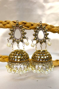 Traditional Oxidised Jhumka Earrings, Pearl Design, Silver-Gold Alloy, Ethnic Drop Style