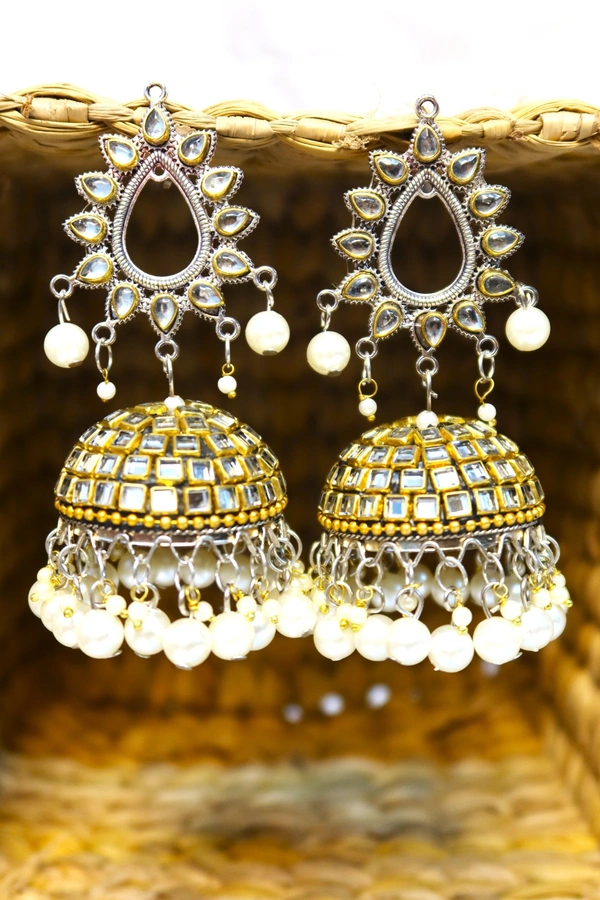 Traditional Oxidised Jhumka Earrings, Pearl Design, Silver-Gold Alloy, Ethnic Drop Style