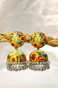 Sunflower Design Meenakari Jhumki Earrings with Pearl Beads, Traditional Ethnic Indian Jewellery - Sun flower, Multi