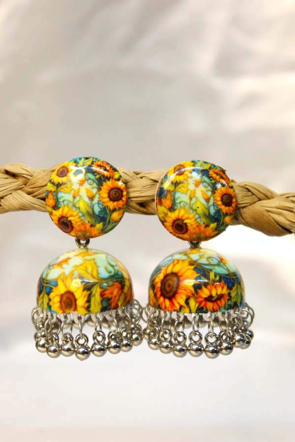 Sunflower Design Meenakari Jhumki Earrings with Pearl Beads, Traditional Ethnic Indian Jewellery - Sun flower, Multi