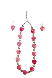 Pink Heart charm jewelry Set - Necklace & Earrings