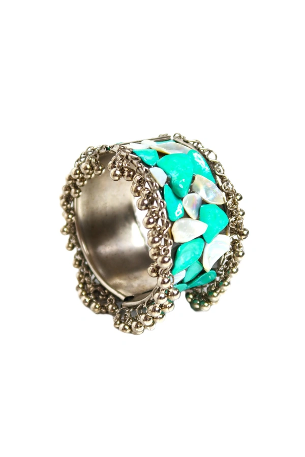 Adjustable Wide Cuff Bracelet – Light Blue and White Shell Inlay with Vintage Look - Light Blue