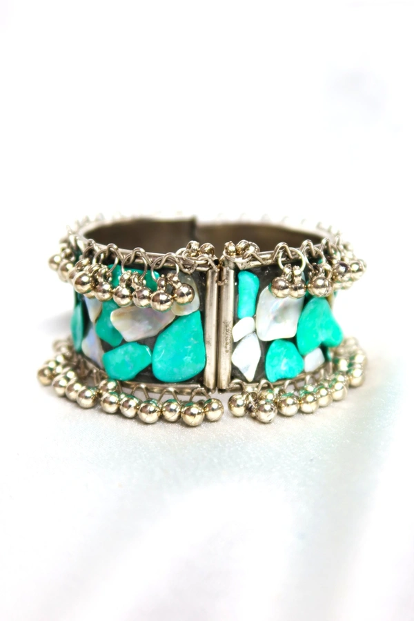 Adjustable Wide Cuff Bracelet – Light Blue and White Shell Inlay with Vintage Look - Light Blue