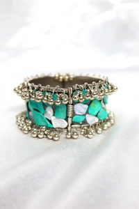 Adjustable Wide Cuff Bracelet – Light Blue and White Shell Inlay with Vintage Look - Light Blue