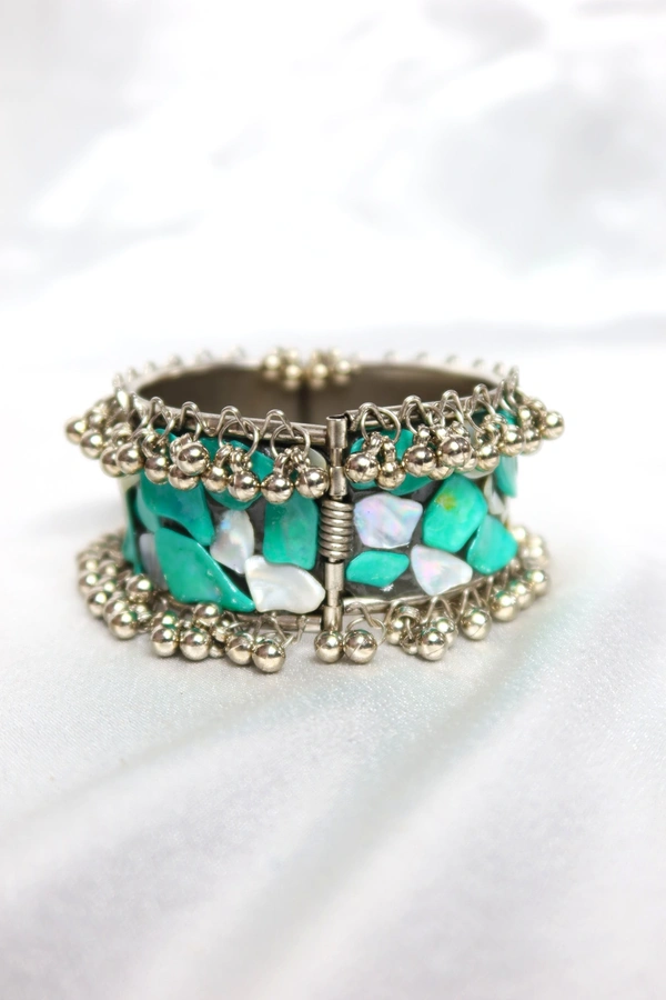 Adjustable Wide Cuff Bracelet – Light Blue and White Shell Inlay with Vintage Look - Light Blue