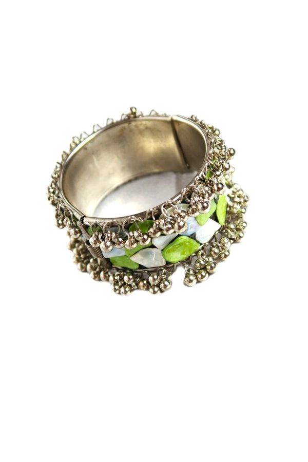 Adjustable Wide Cuff Bracelet – Light Green and White Shell Inlay with Vintage Look - Green