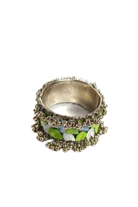 Adjustable Wide Cuff Bracelet – Light Green and White Shell Inlay with Vintage Look - Green