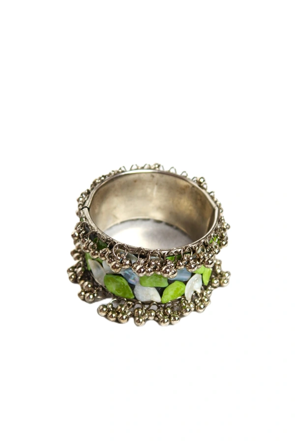 Adjustable Wide Cuff Bracelet – Light Green and White Shell Inlay with Vintage Look - Green