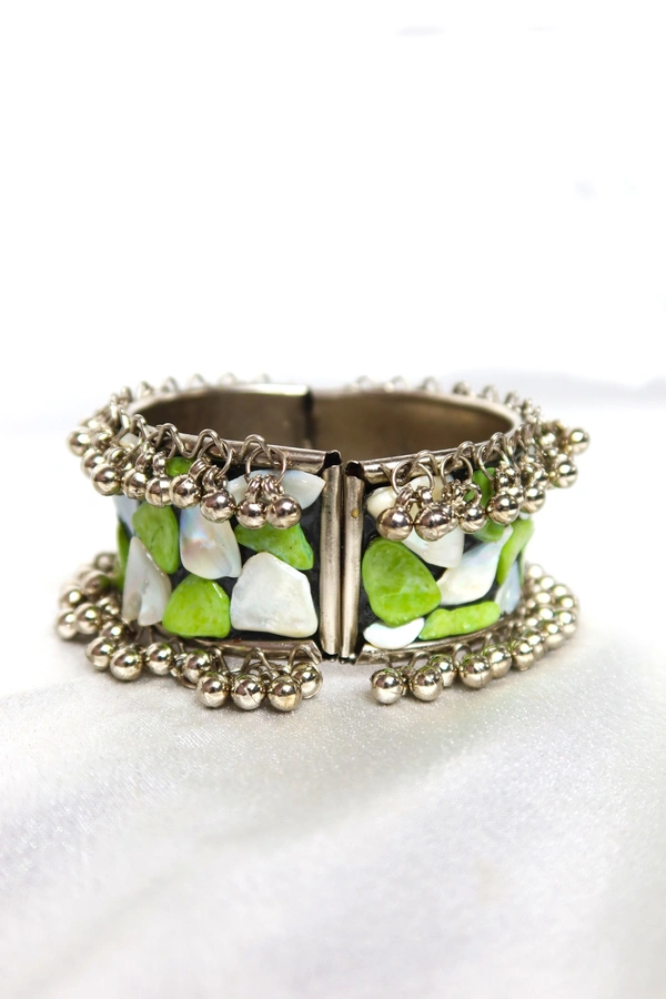 Adjustable Wide Cuff Bracelet – Light Green and White Shell Inlay with Vintage Look - Green