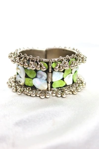 Adjustable Wide Cuff Bracelet – Light Green and White Shell Inlay with Vintage Look - Green