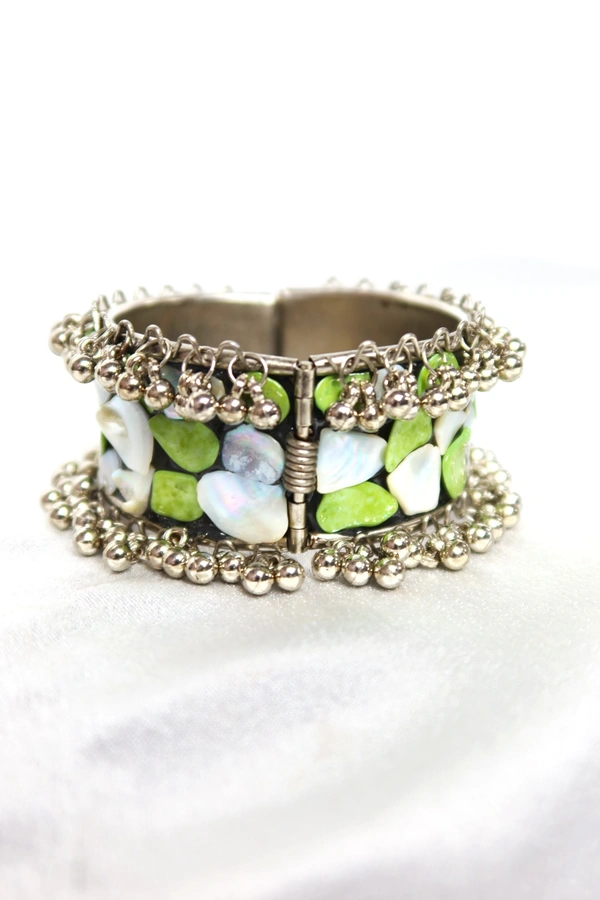 Adjustable Wide Cuff Bracelet – Light Green and White Shell Inlay with Vintage Look - Green