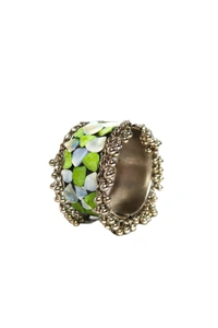 Adjustable Wide Cuff Bracelet – Light Green and White Shell Inlay with Vintage Look - Green