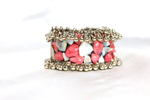 Adjustable Wide Cuff Bracelet – Baby Pink and White Shell Inlay with Vintage Look - Blue
