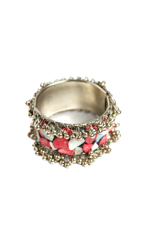 Adjustable Wide Cuff Bracelet – Baby Pink and White Shell Inlay with Vintage Look - Blue