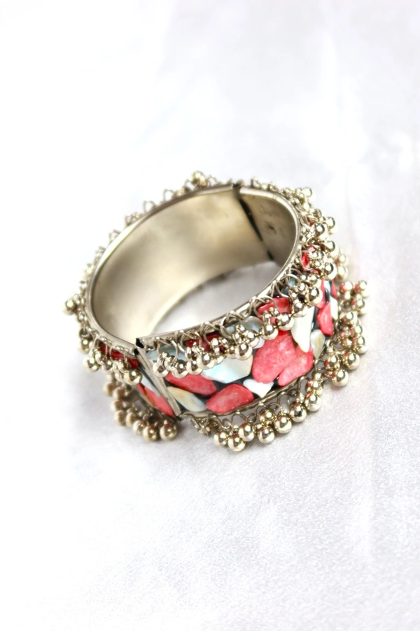Adjustable Wide Cuff Bracelet – Baby Pink and White Shell Inlay with Vintage Look - Blue