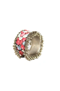 Adjustable Wide Cuff Bracelet – Baby Pink and White Shell Inlay with Vintage Look - Blue