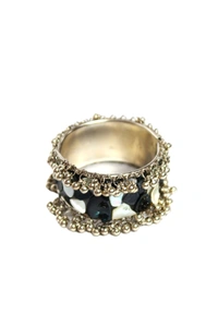 Adjustable Wide Cuff Bracelet – Black and White Shell Inlay with Vintage Look - Black