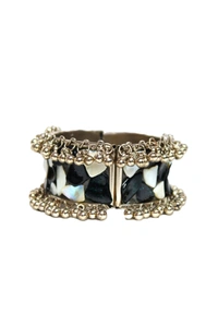 Adjustable Wide Cuff Bracelet – Black and White Shell Inlay with Vintage Look - Black