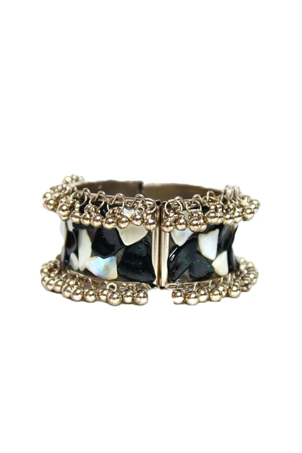 Adjustable Wide Cuff Bracelet – Black and White Shell Inlay with Vintage Look - Black