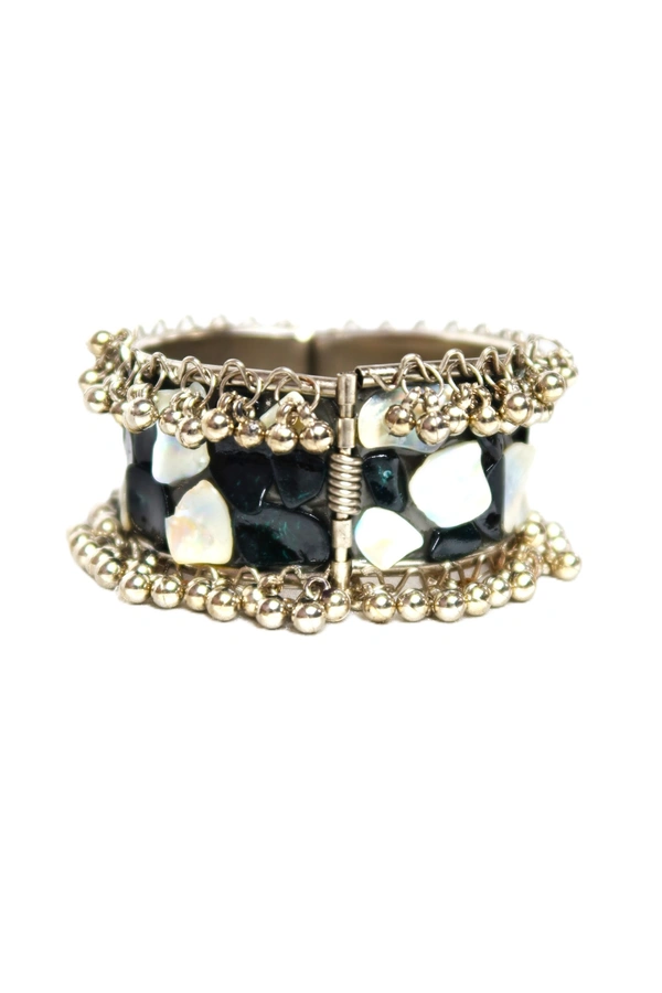 Adjustable Wide Cuff Bracelet – Black and White Shell Inlay with Vintage Look - Black