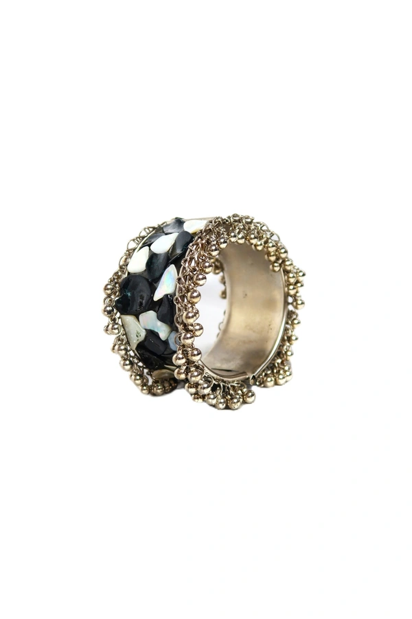 Adjustable Wide Cuff Bracelet – Black and White Shell Inlay with Vintage Look - Black