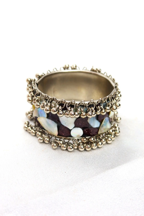 Adjustable Wide Cuff Bracelet – Red and White Shell Inlay with Vintage Look - Red