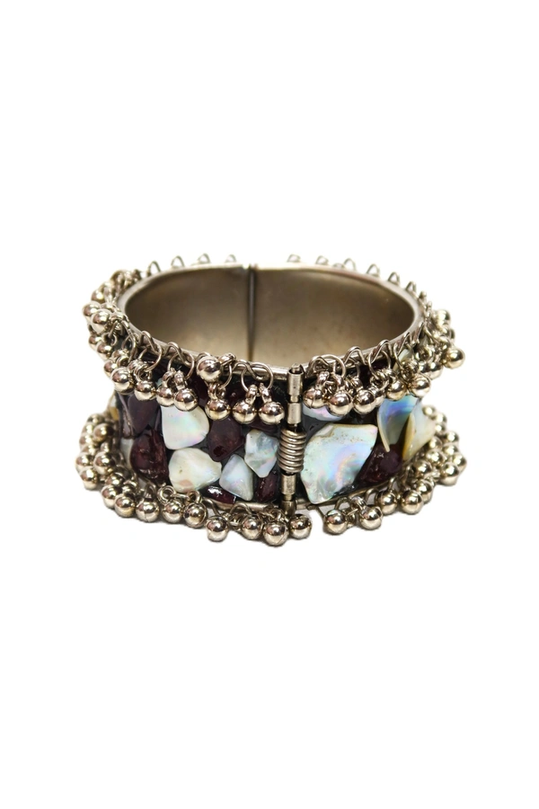 Adjustable Wide Cuff Bracelet – Red and White Shell Inlay with Vintage Look - Red