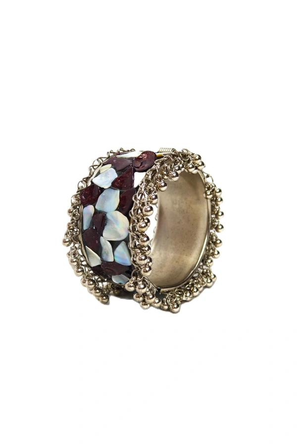 Adjustable Wide Cuff Bracelet – Red and White Shell Inlay with Vintage Look - Red
